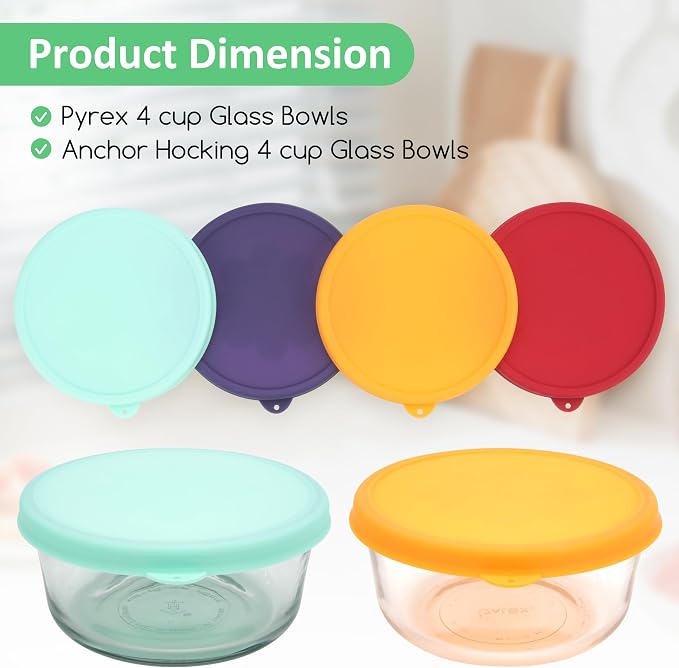 4 Cup Round Silicone Storage Cover Lids Replacement for Anchor Hocking and Pyrex 7201-PC Glass Bowls (Container not Included) (Mix) 4 Pack