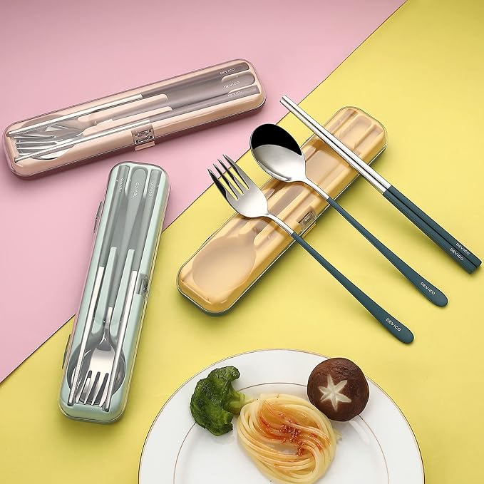 DEVICO Travel Utensils with Case, 18/8 Stainless Steel Silverware for Lunch | 4Pcs Portable Reusable Travel Cutlery Set, Korean Chopsticks Fork and Spoon Set for Camping/Picnic/Work/Gadgets/School, Blue