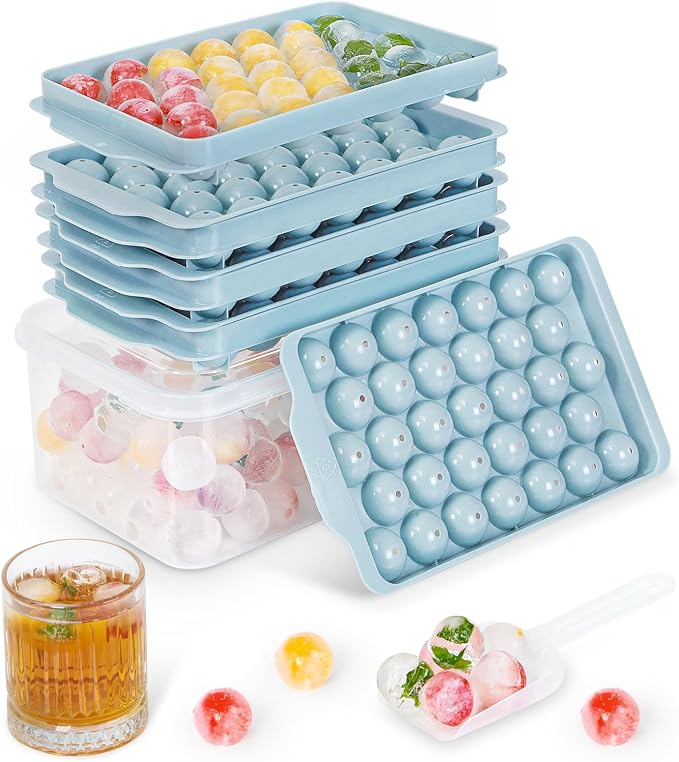 Optish Ice Cube Tray with Lid and Bin, 3 Pack Ice Trays for Freezer, 99 Pcs Round Ice Cube Mold, Ices Maker Bucket with Scoop for Cocktail, Coffee, Rv Accessories, Easy to Release (1 inch, Blue)