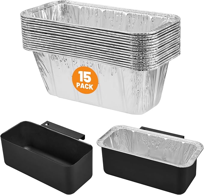 15-Pack Grease Cup Liners + Metal Griddle Grease Catcher Compatible with Blackstone Griddle, Aluminum Foil Drip Pan Grease Catcher Cup Liner for Blackstone Griddle 17, 22, 28, 36 Inch