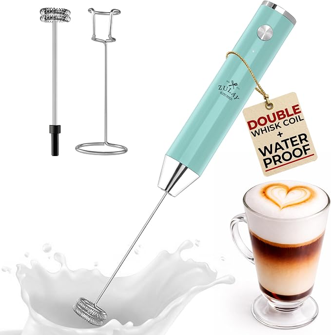 Zulay Kitchen Rechargeable Milk Frother Handheld - Frother Wand, Drink Mixer, Electric Whisk Frother, for Cappuccinos, Matcha & Protein Powder - Lux Double Whisk 2 Speed Waterproof 2000mAh Sky Blue