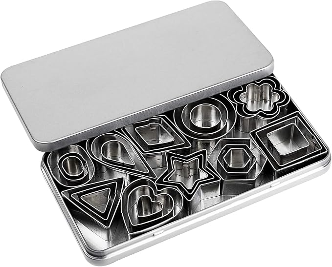 Mini Cookie Cutter Set, 30 Tiny Stainless Steel Cookie Stamps of Rectangle Square Heart Star Triangle Round Tiny Circle for Out Pastry Dough, Pie Crust & Fruit, Fondant