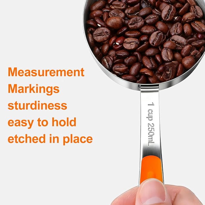 Bopei Measuring Cups and Spoons Set Stainless Steel 10 Piece for Cooking and Baking (5 Cups + 5 Spoons, Orange Handle)