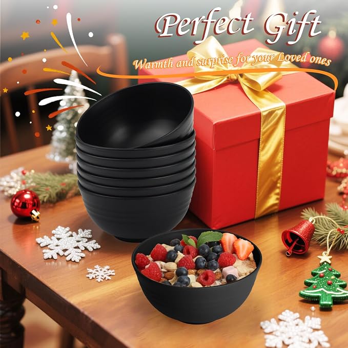 Cereal Bowl Set, Wheat Straw Bowls for Kitchen, Unbreakable Lightweight Bowl Set of 8, Microwave and Dishwasher Safe Bowls, Reusable Bowl for Serving, Cereal, Snack,Fruit(Black, 26 OZ)