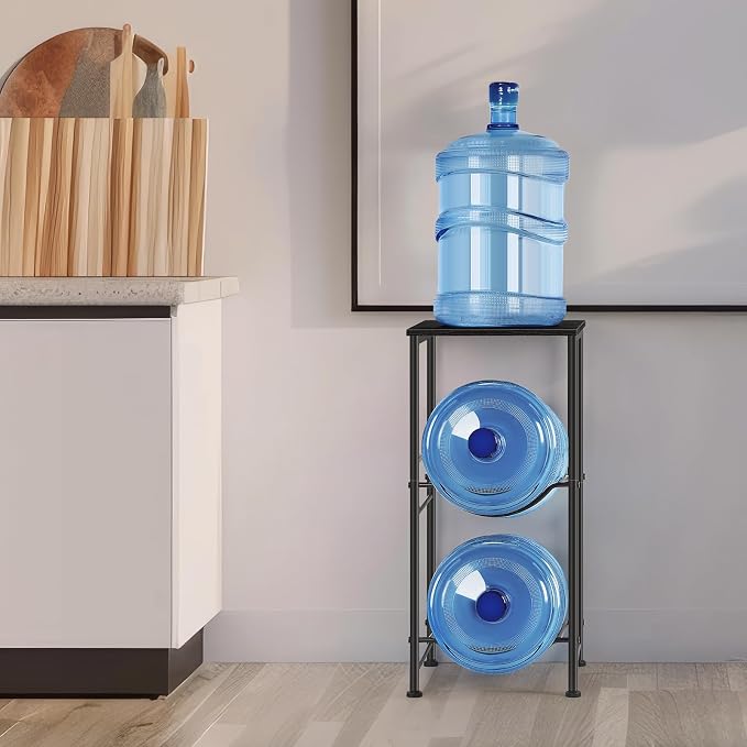 Water Bottle Holder Organizer 5 Gallon Water Jug Holder with Top Shelves 2 Tier Water Cooler Jug Storage Rack Heavy Duty Water Dispenser Stand for 5 Gallon Bottle Kitchen Office Living Room Black