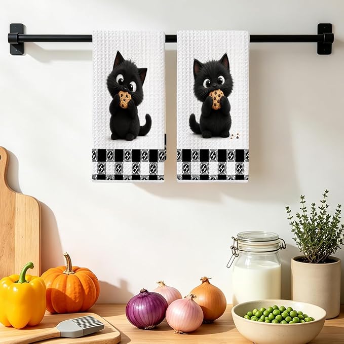 Jztco 2 Pcs Cute Cat Kitchen Towels, Cat Gifts Reusable Hand Towels-1 | Cat Dish Cloths for Drying Dishes, Cats Waffle Dish Towels for Kitchen Bathroom Decor, Cat Lover Gifts for Women Grandma Mom