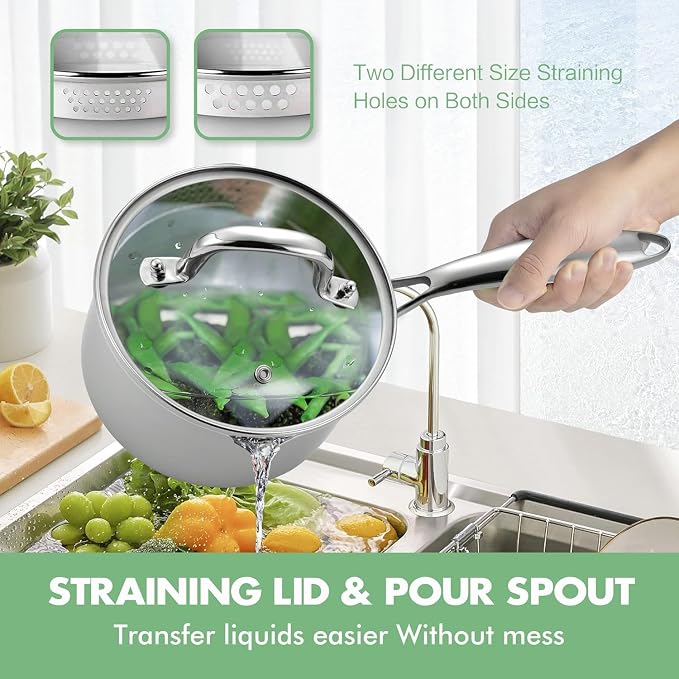 Tri-Ply Stainless Steel Sauce Pan with Steamer Basket & Strainer Glass Lid–Multi-Function Pot 2.5 QT- Modern Sleek Design–Safe,Chemical-Free& Stylish Cookware–Upgrade Your Kitchen with Healthy Cooking