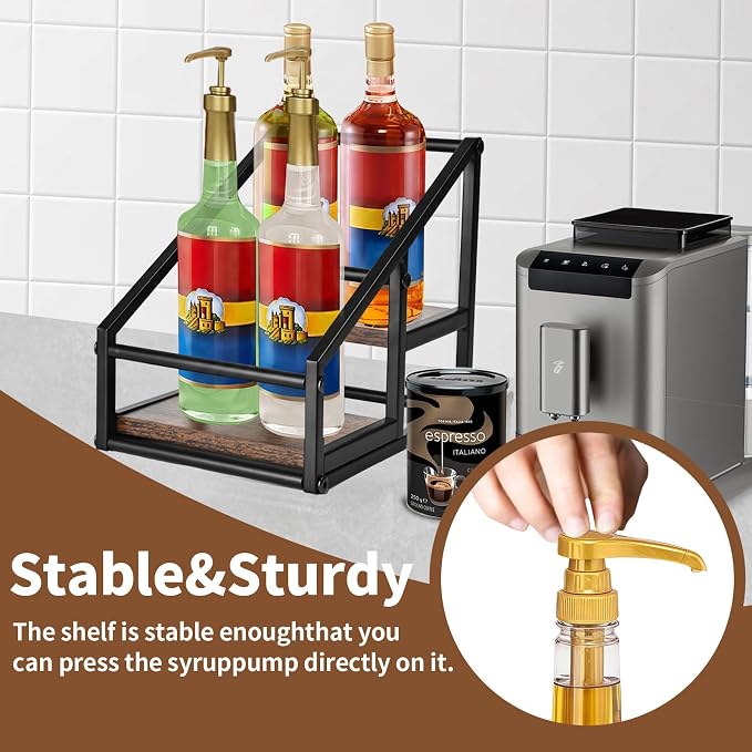 YQBRAO 2-Tier Coffee Syrup Organizer, 4-Bottle Rack, Rustic Brown | Holds 4 bottles in a narrow two-tier footprint for small counters, coffee corners, apartments, and bar carts.