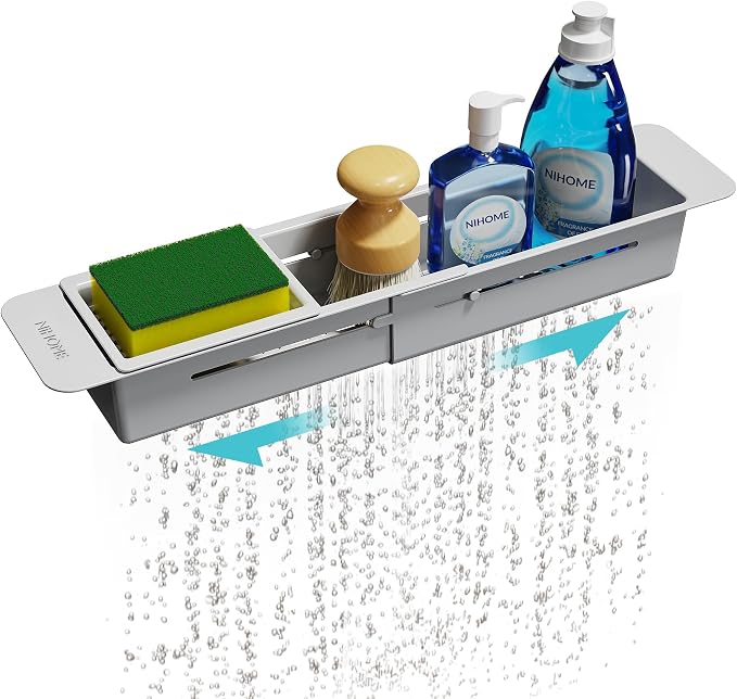 NiHome Extendable Kitchen Sink Caddy, Small Brush Sponge Storage Holder | Expandable Kitchen In Sink Organizer for Brush & Sponge with Drainage, Adjustable Length, Non-Slip Pads, Durable ABS (Gray)