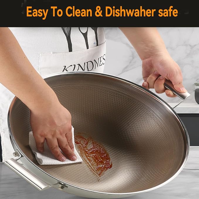 Titanium Hammered Wok with Double Handles, 2026 New Frying Pans Nonstick, Non-Stick Wok, Scratch-Resistant Non Stick Titanium Pans for Cooking,With lid,14.17in