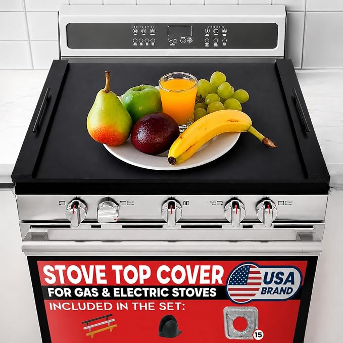 RVTHEUS® Noodle Board Stove Cover, 29.5x22", for Gas & Electric Stoves | Includes 3 Handle Pairs in Black, Gold & Silver, Stove Top Covers for Gas Burners, Stove Covers for Gas Stove Top