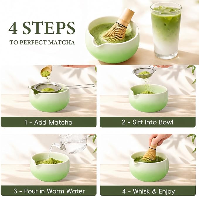 Matcha Whisk Set, Ceramic Matcha Set Includes Bowl & Holder, Bamboo Whisk (Chasen), Scoop, Spoon and Sifter, 6PCS Matcha Kit Covers Everything Needed for Making Matcha (Green)