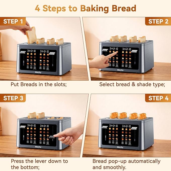 Mecity 4 Slice Touchscreen Toaster, 6 Bread Modes & 6 Browning Levels, Dual Touch Control Wide Slot Stainless Steel Electric Toaster with Memory, Defrost, 3-Min Auto Shutoff for White, Bagels, Waffles