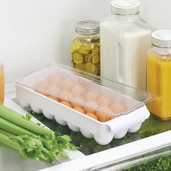 iDesign Plastic Egg Holder for Fridge with Lid, 21 Egg, Clear/White | Storage Container, Organizer Bin