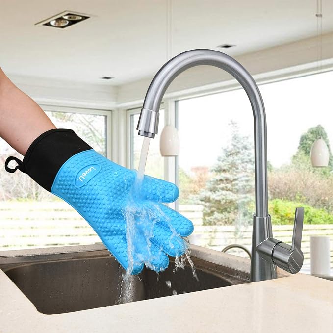 Silicone Oven Mitts Gloves - Heat Resistant, Non-Slip for BBQ, Grilling | 450°F Double-Layer｜Waterproof Kitchen Cooking Barbecue Mittens ｜5 Finger Hot Mitt for Baking, Smoker& Cast Iron(XL-XXXL)