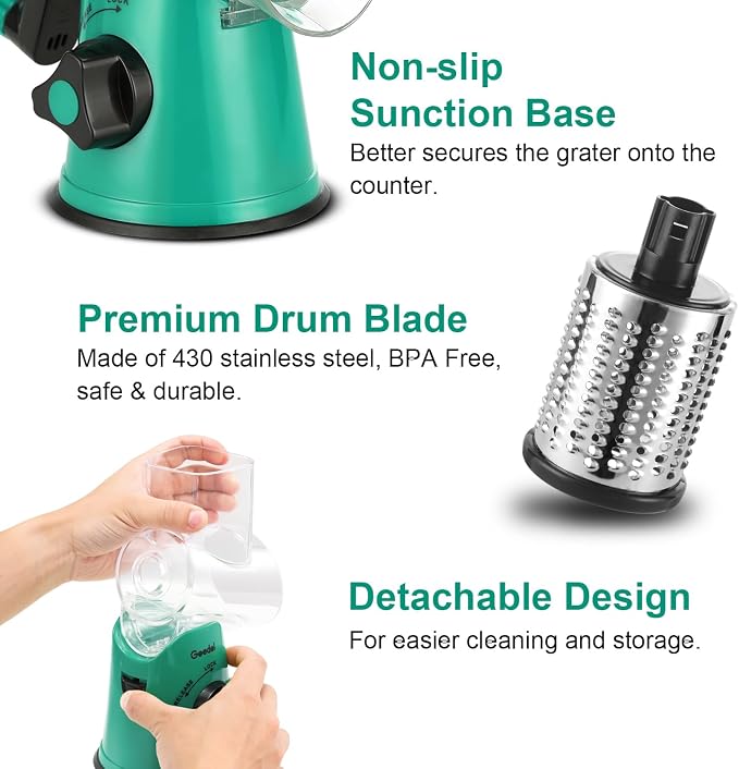 Geedel Rotary Cheese Grater Hand Crank, Cheese Shredder Vegetable Slicer | 3 Blades, 430 Stainless Steel, 12x Fast Cutting, Strong Suction Base, No BPA, Dishwasher Safe, for Cheese, Veggie, Nut