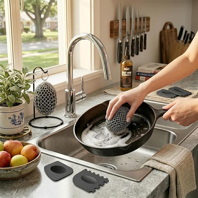 Cast Iron Scrubber Chainmail, 316 Stainless Steel Pot Cleaner with Pan Scraper, Heavy Duty Rust Remover for Cast Iron Skillet, Grill, Dutch Oven – Dishwasher Safe, Heat Resistant Kitchen Cleaning Tool
