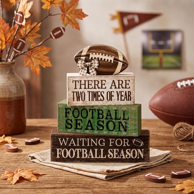 Lineshading 4 Pcs Football Tiered Tray Decor Wood Blocks Stackable Table | Stackable Centerpiece with Quotes, Party Decorations for Game Day Tailgate, Shelf Fireplace Display, Gift for Fans Club