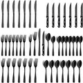 BEWOS 48-Pieces Black Silverware Set for 8 - Stainless Steel Flatware Set with Mirror Polish, Black Silverware Set Including Steak Knives, Forks and Spoons, Dishwasher Safe for Restaurant