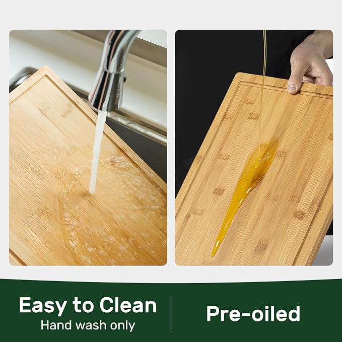 Kikcoin 17"×11" Bamboo Cutting Boards for Kitchen, Knife-Friendly Food Grade Wooden Cutting Boards for Kitchen, Charcuterie, Extra Large Chopping Boards with Deep Juice Groove, Reversible, Natural