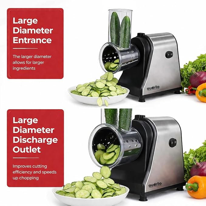 AUDRILO Electric Salad Maker & Cheese Grater, 5-in-1 Electric Vegetable Slicer with Interchangeable Stainless Steel Blades, Electric Food Processor for Cheese, Fruits & Vegetables, Electric Grater