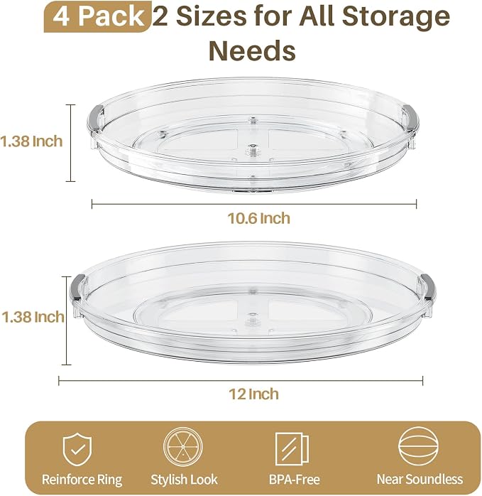LAMU 4 Pack Lazy Susan Organizer Turntable for Cabinet, Pantry Organizers and Storage, Rotating Condiment Organizer for Kitchen, Table Top, Fridge, Countertop, Spice Organization, 12''x2, 10.6''x2