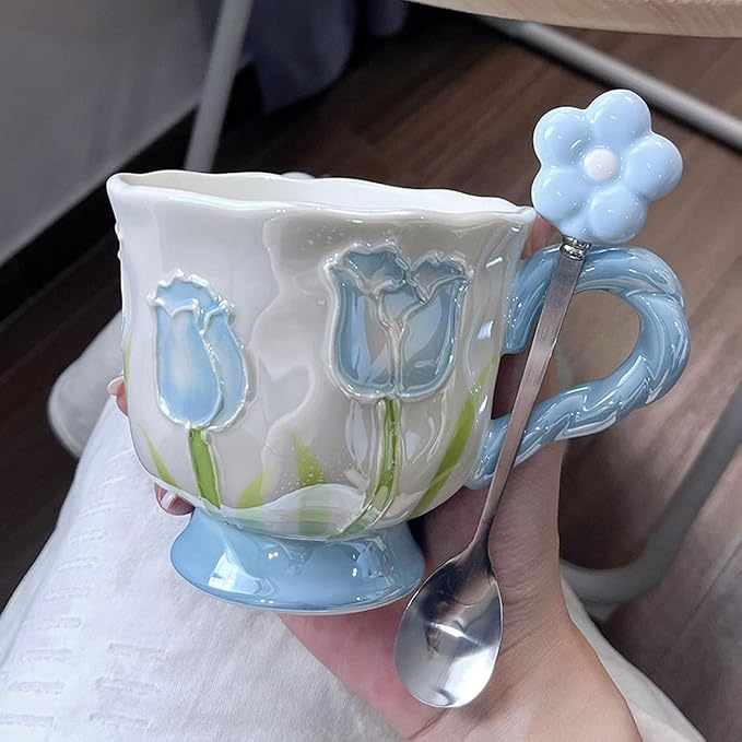 DTIUYIOP-Ceramic Coffee Mug 14oz/410ml Blue Cute Flower with Spoon | a funky coffee mug, Novelty Cute Ceramic,Lead-Free Gloss Glazed,DrinkingCup, Ideal Gift for Birthday Holiday
