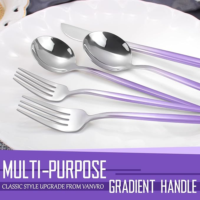 VANVRO Gradient Purple Silverware Set, 20-Piece Stainless Steel Flatware Cutlery Set, Kitchen Utensil Set Service for 4, Include Knife/Fork/Spoon, Mirror Polished, Dishwasher Safe