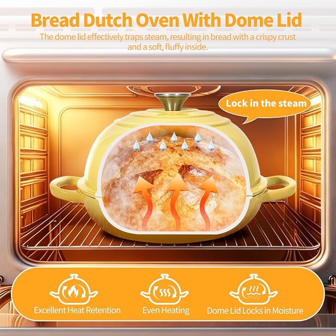 6QT Enameled Cast Iron Yellow Dutch Oven For Sourdough Bread Baking | Dutch Oven Pot With Lid,Non-stick Sourdough Baking Pan with Bread Dome,Round Ceramic Dutch Oven Pot for Homemade