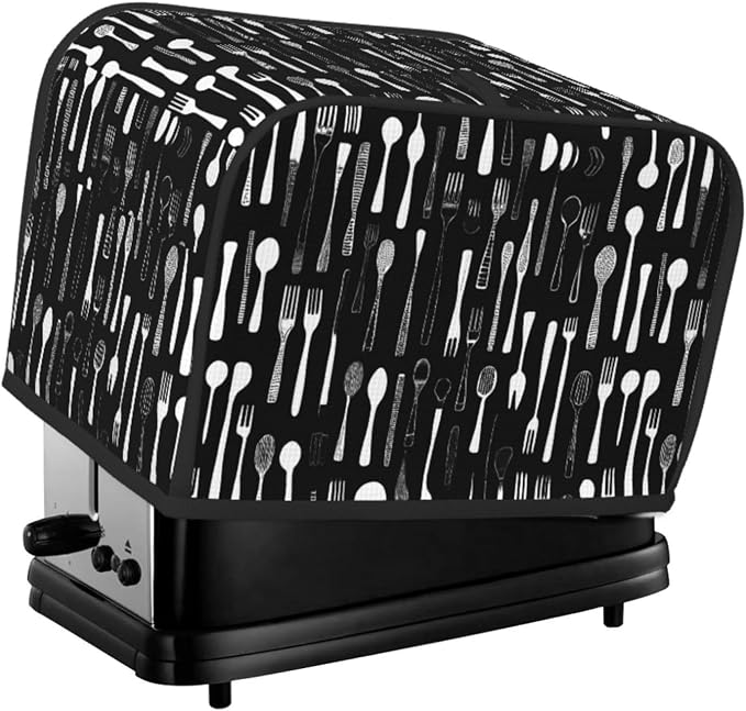 2 Slice Toaster Cover Fork Spoon Pattern Black Dust Proof Washable Kitchen Appliance Cover with Pocket, Oxford Fabric Countertop Toaster Protector for Standard Toasters Small Appliances