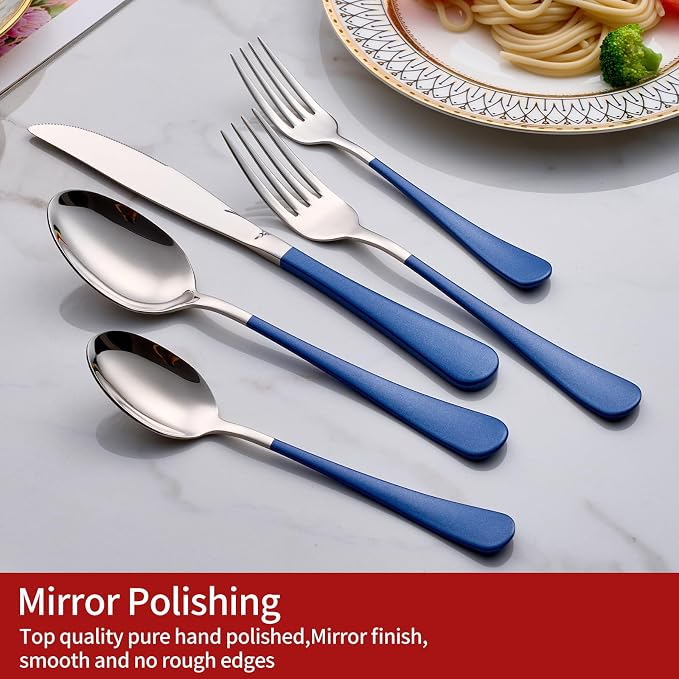 Colorful Silverware Set 20 Piece 18/0 Stainless Steel Flatware Sapphire Blue Handle Cutlery Set Service for 4 Fork Knife Spoon Set Mirror Finish Dishwasher Safe