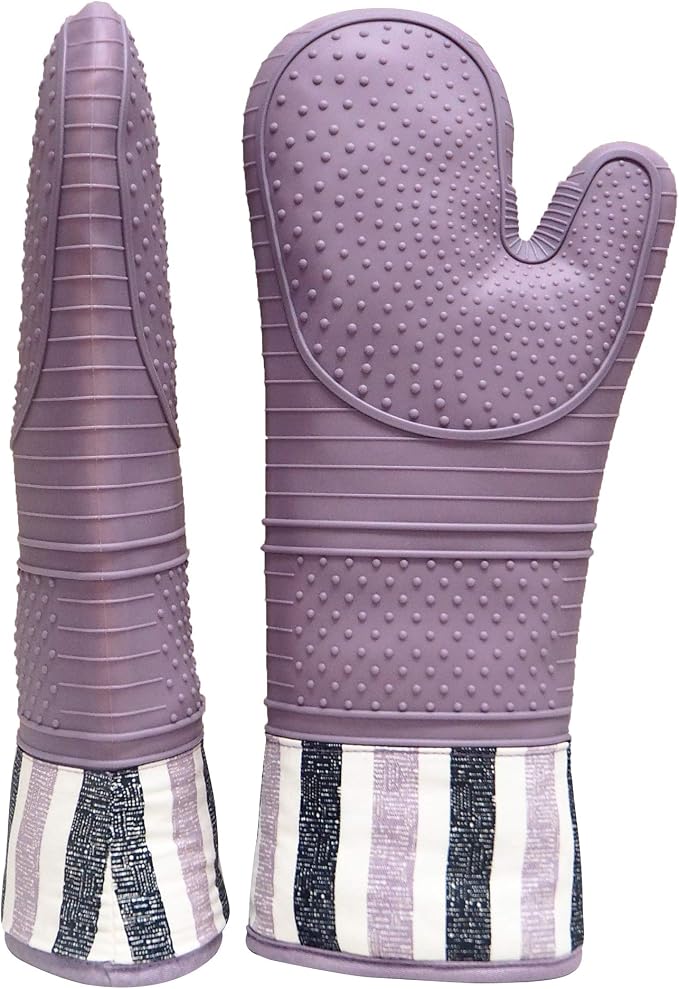 Heat Resistant 550 Degree Oven mitt, Silicone Oven Hot Mitts - 1 Pair, Extra Long Professional Baking Oven Gloves - Food Safe,Pot Holders Cooking,Grilling,Kitchen (Purple Mittens)