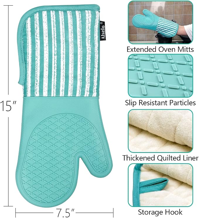 Alselo Silicone Oven Mitts Heat Resistant 932℉ with Waterproof & Non-Slip | Kitchen Mittens Set of 2,Extra Long 7.5"x15" Oven Gloves with Soft Cotton Terry Lining for Baking Cooking BBQ(Green,2)