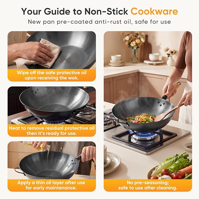 NEWBULIG 13.5" Carbon Steel Wok Pan, Pre-Seasoned Flat Bottom Wok for Stir Fry, BBQ, Grill & Camping, Compatible with Induction, Electric, Gas and Open Fire, Black