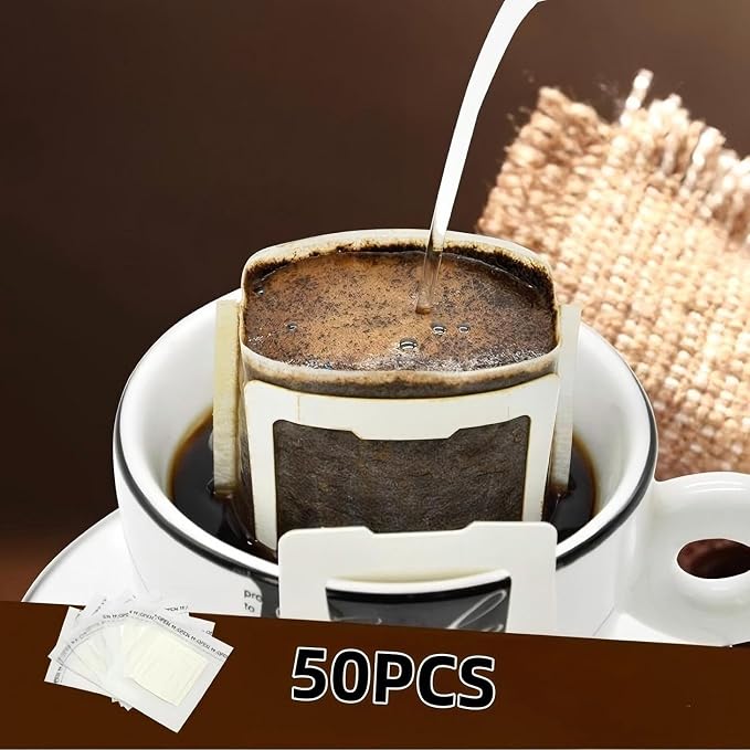 Hanging Ear Coffee Filter Bags, 50 Count | Disposable, Portable Single Serve, Non-Woven Pour Over Pouches, For Travel, Camping, Office & Home