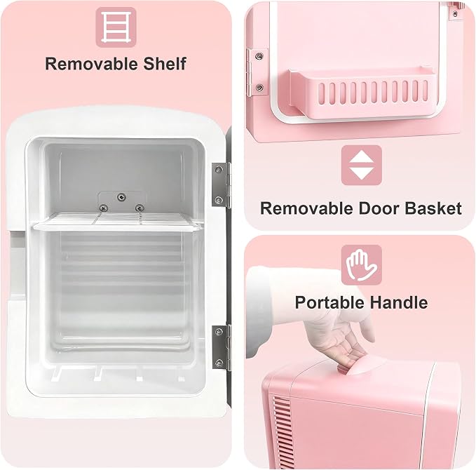 Mini Fridge, 4 Liter /6 Cans Makeup Fridge with Dimmable LED Mirror - Pink | Compact Mini Skincare Fridge for Beauty & Beverages, Dual-use Portable Tiny Fridge for Bedroom, Desk, Office, Home, Car, Gift