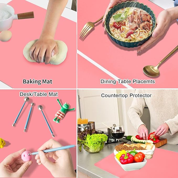 Extra Large Silicone Table Mat, Silicone Mat for Crafts Kids Dinner Placemat Desk Countertop Protector Heat Resistant Baking Mat Reusable Dough Rolling Pad Fondant Mat, Pink (23.62x15.75 inches)