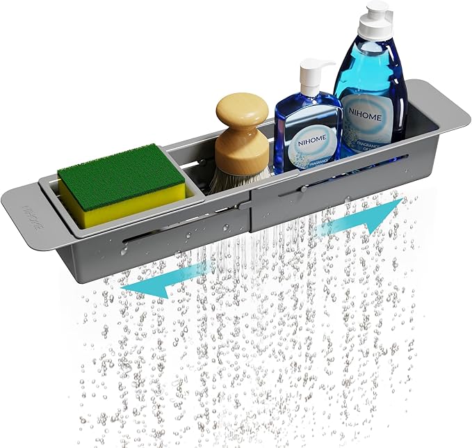 NiHome Extendable Kitchen Sink Caddy, Small Brush Sponge Storage Holder | Expandable Kitchen In Sink Organizer for Brush & Sponge w/ Drainage, Adjustable Length, Non-Slip Pads Durable ABS (Dark Gray)