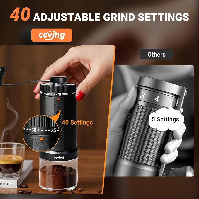CEVING World's First 60g Large Capacity Manual Coffee Grinder, Black | 40 External Settings, Portable Hand Coffee Bean Mill with Ceramic Conical Burr for Travel, Camping, Drip, Pour Over & Gift