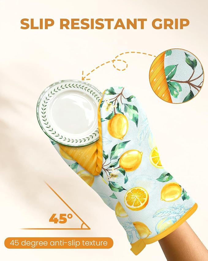 100% Thick Cotton Mini Oven Mitts Silicone Grip Stylish Lemon | Girly Cute Oven Mitts for Women, Machine Washable, Non-Slip, Reversible Design Fits Both Hands, Stylish Kitchen Decor