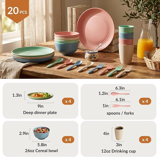 Wheat Straw Dinnerware Sets 20 PCS Cups and Plates Sets for Kitchen Microwave and Dishwasher Safe Plate Set Unbreakable Camping Dish Set Kids Plates and Bowls Sets for Picnic, RV (Multilight)