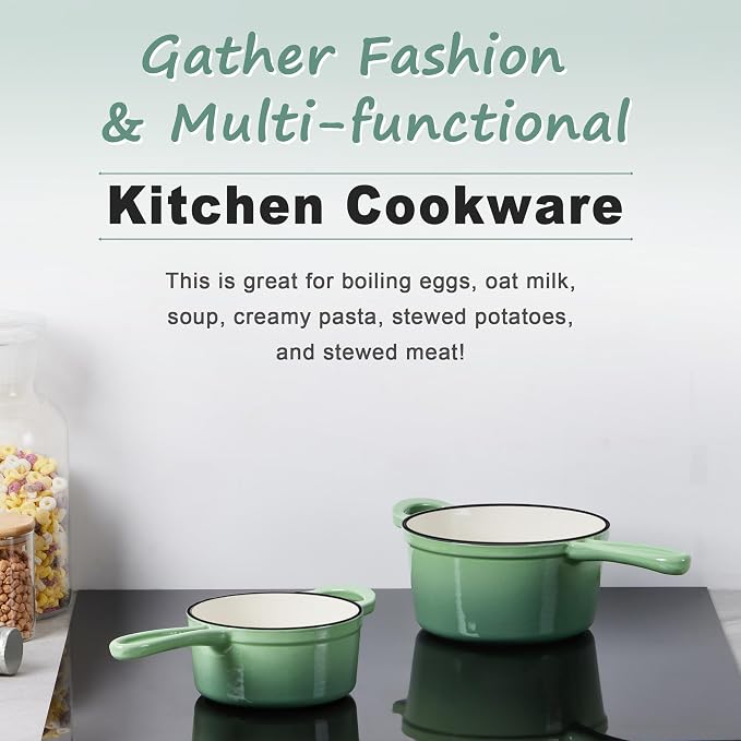 Leonyo 1Qt & 2Qt Saucepan Set, Cast Iron Dutch Oven Pot, Pistachio Green | For All Cooktops Cooking Pasta, Milk, Oatmeal - Up to 500°F & Nonstick