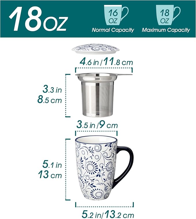 vancasso SELENE Porcelain Tea Mug, 18 oz Porcelain Tea Cup with Infuser and Lid Steeps Loose Leaf Tea, Microwave & Dishwasher Safe, Floral Bloom
