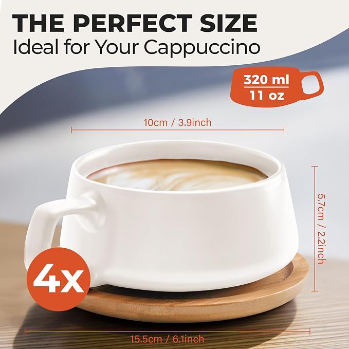 MIAMIO - Cappuccino Cup Set of 4, Ceramic (9.5oz) - Luxe (White) | Ceramic cappuccino cups and saucers, wide latte cups and mugs for Americano, 4-piece set of ceramic cups - dishwasher safe