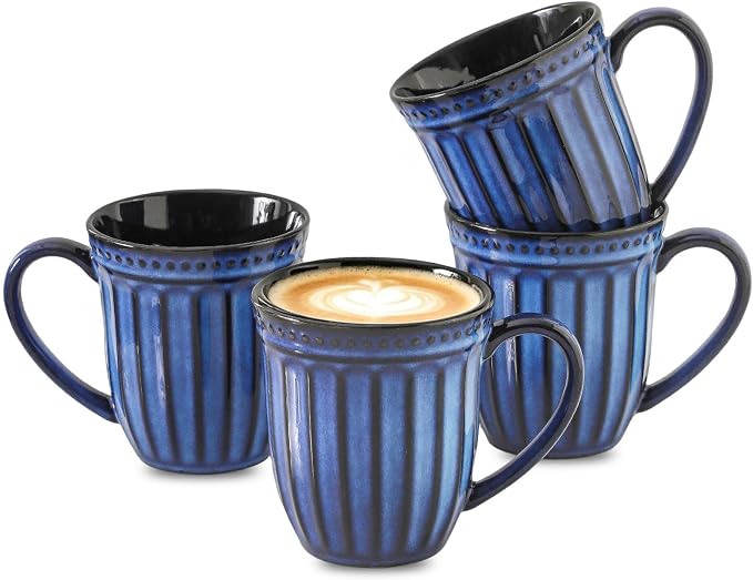 Coffee Mugs Set of 4, 16oz Navy Blue Ceramic Coffee Mug with Embossed Ribbed, Farmhouse Tea Cup Set for Latte, Cappuccino, Milk, Large Handle, Suitable for Office Home Restaurant Housewarming Gift