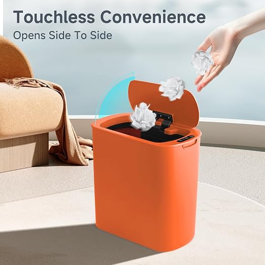 TIPGO 5 Gallon Automatic Bathroom Trash Can with Lid, Orange, Touchless | Motion Sensor, Slim Smart Garbage Bin, Plastic Wastebasket, Battery Operated, Manual Button, for Bedroom, Office,RV