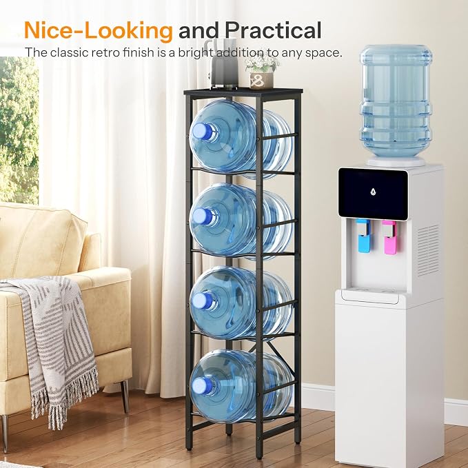 HOOBRO Water Jug Rack, Water Bottle Holder, 5 Gallon Water Jug Rack, 4-Tier Water Cooler Storage Rack, Water Dispenser Stand, for Kitchen, Living Room, Office, Black BB02ST01