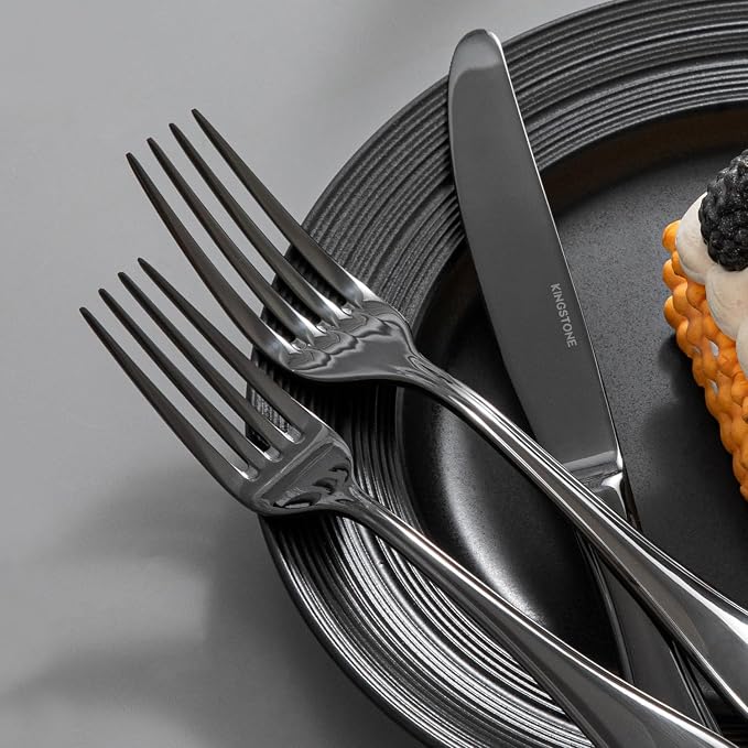 18/10 Stainless Steel Silverware Set for 8, 40 Piece Black Flatware Set | KINGSTONE Teardrop Heavy Cutlery Set, Mirror Polished Knives Fork Spoons Utensils, Dishwasher Safe for Home Kitchen Wedding
