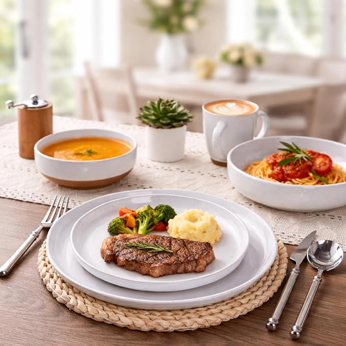 AmorArc Dinnerware Sets for 6, 18 Pieces Ceramic Plates and Bowls Set | Scratch Resistant Stoneware Dishes Set, Dishwasher & Microwave Safe,White