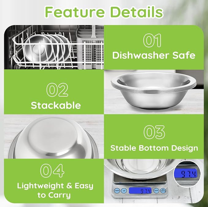 304(18/8) Stainless Steel Mixing Bowls for Kitchen, 4 Pack 7" 21.22 fl.oz Metal Mixing Bowls Set Stackable for Baking Serving Cooking Food Prep Storage Dishwasher Safe Lightweight